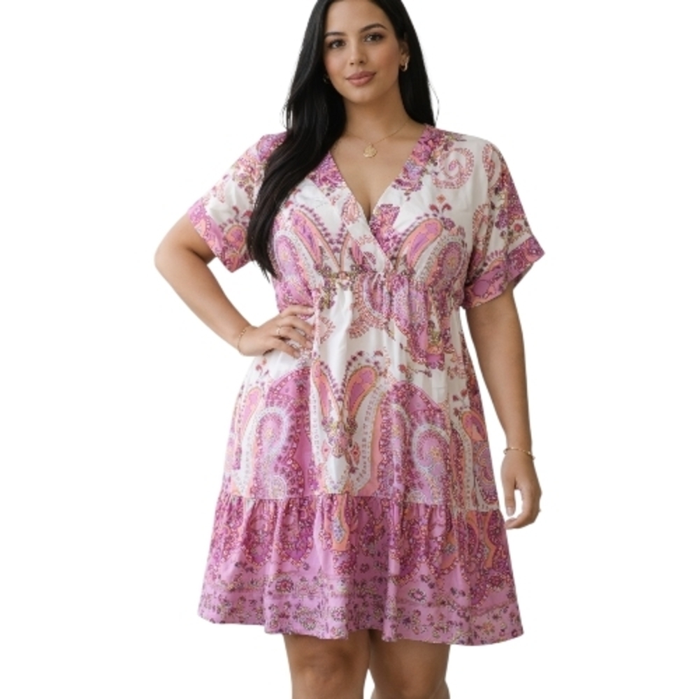 SHEIN Pink and Cream Paisley V-Neck Tiered Dress